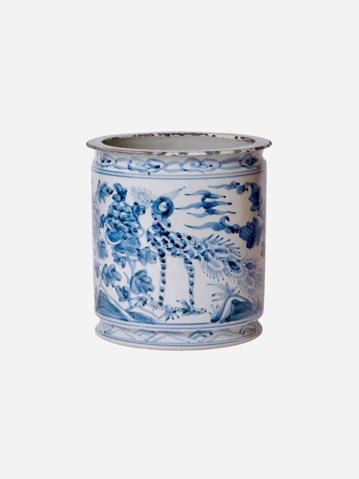 Rustic Peacock Blue and White Porcelain Cachepot