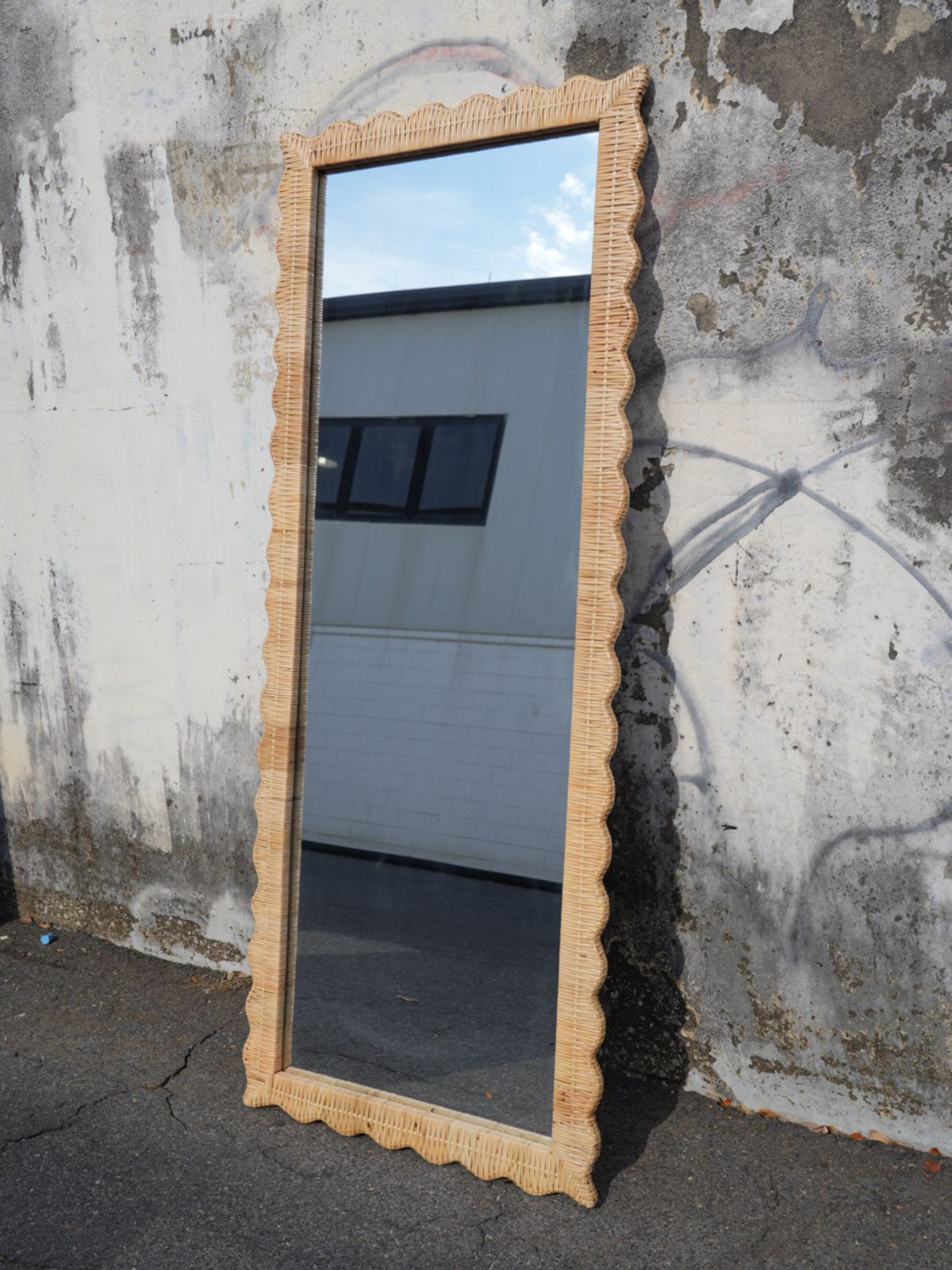 Scalloped Rattan Weave Floor Mirror