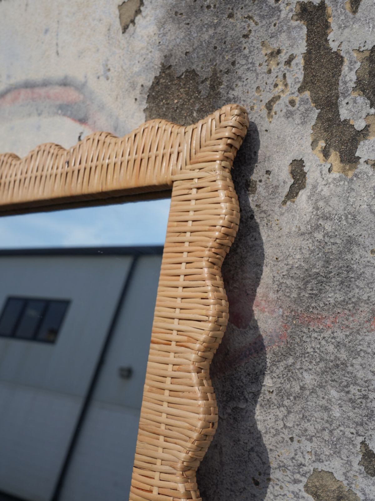 Scalloped Rattan Weave Floor Mirror
