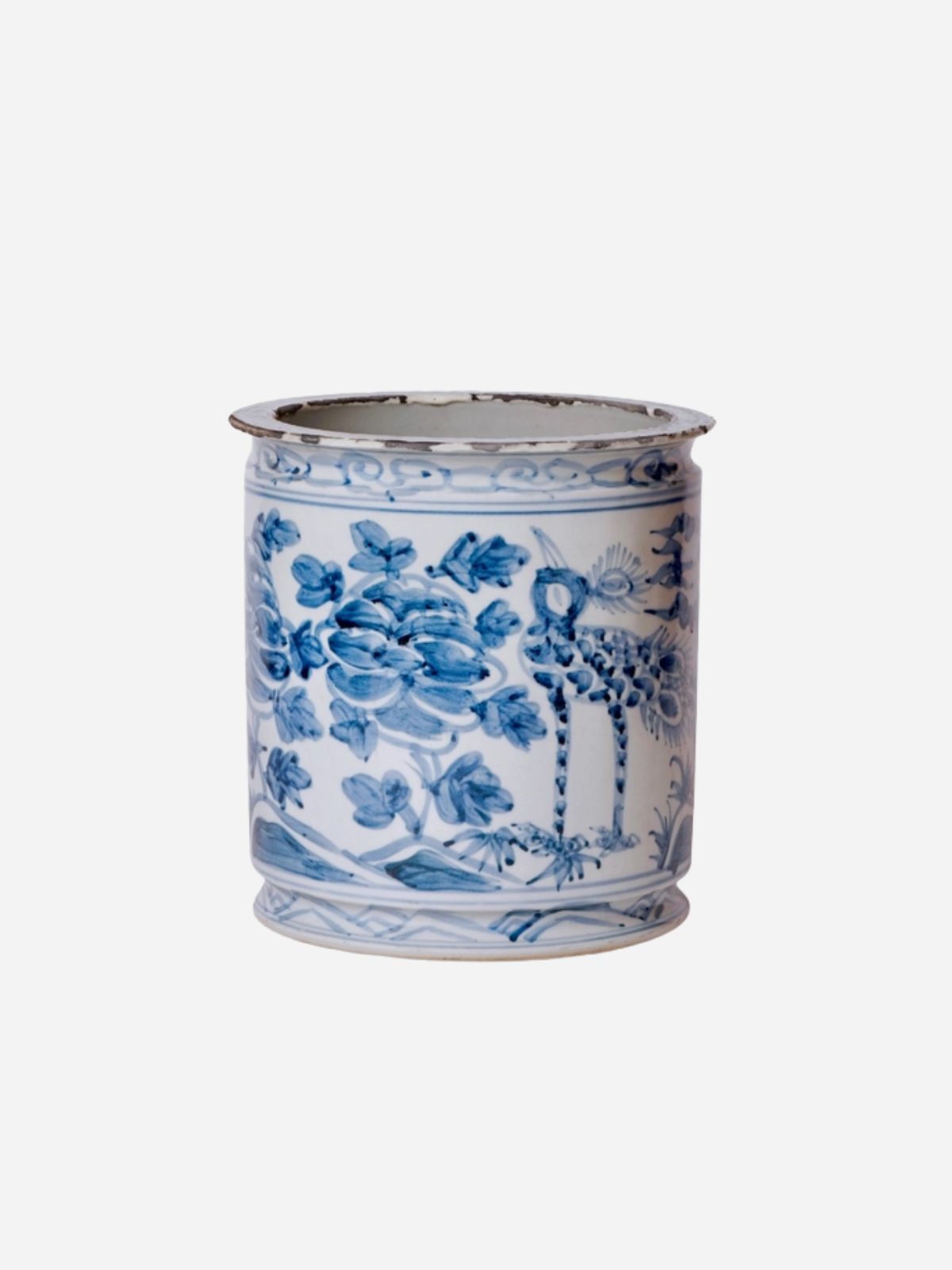 Rustic Peacock Blue and White Porcelain Cachepot